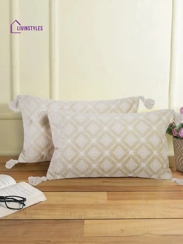Ivory Color Embroidered Cushion Cover Set Of 2 (12X20 Inch)