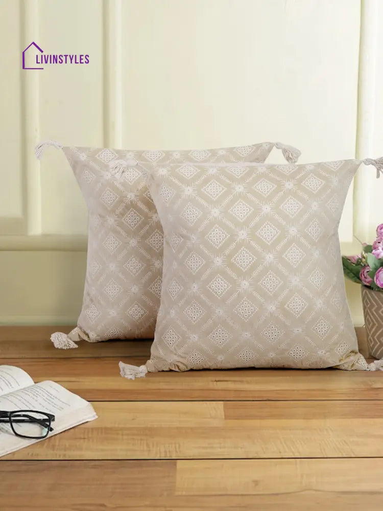 Ivory Color Embroidered Cushion Cover Set Of 2 (18X18 Inch)