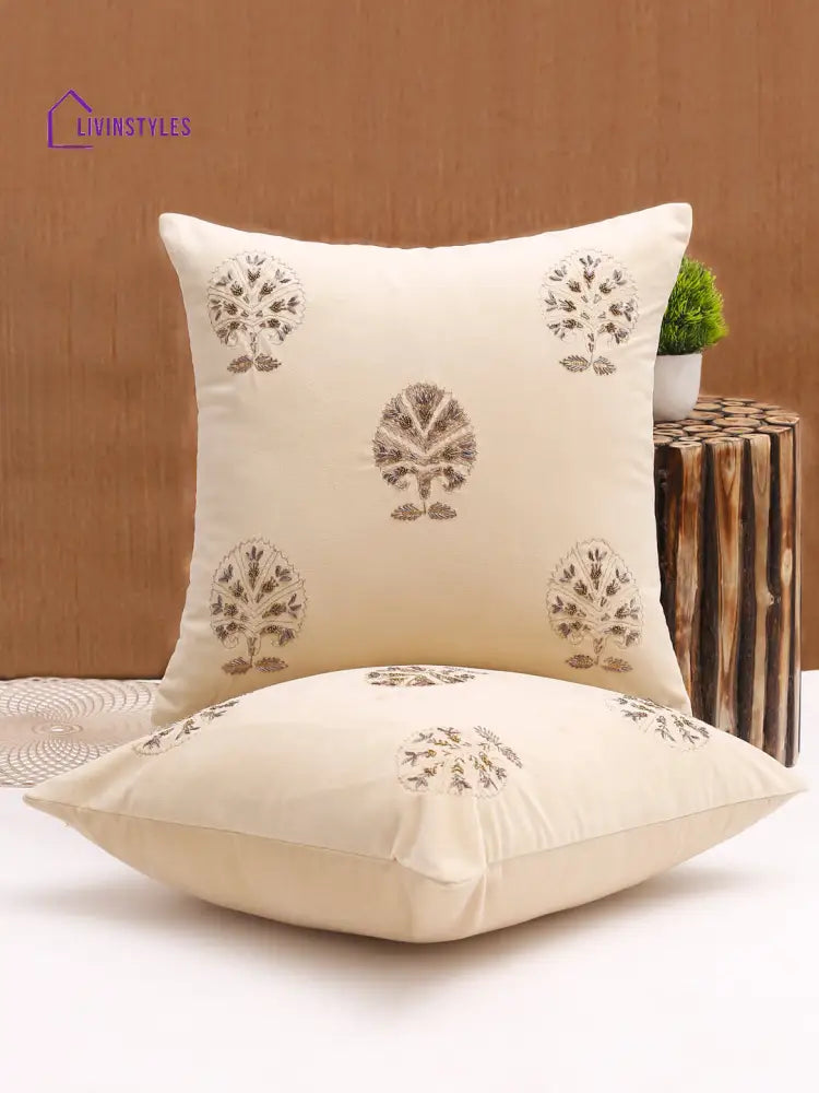 Ivory Color Velvet Hand Work Cushion Cover Set Of 2 (18X18 Inch)