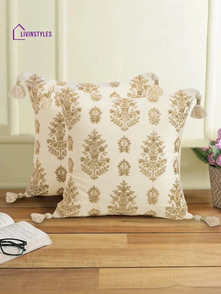 Ivory Color Velvet Hand Work Cushion Cover Set Of 2 (18X18 Inch)