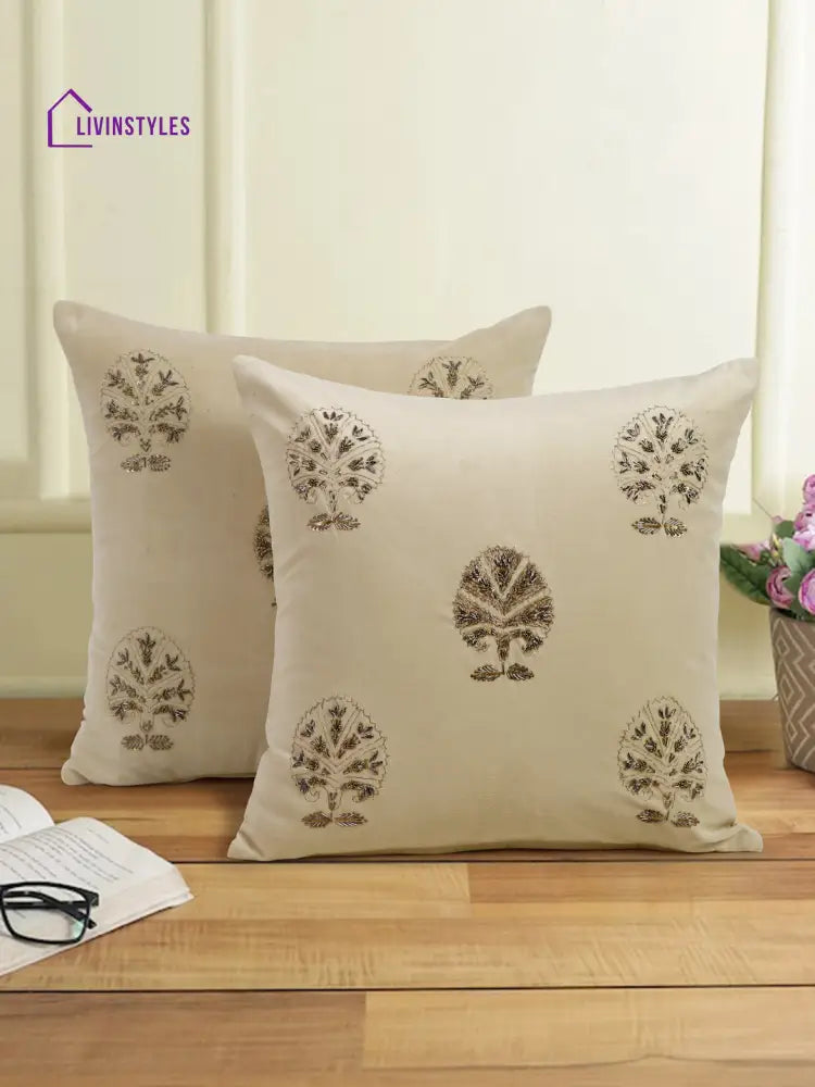 Ivory Color Velvet Hand Work Cushion Cover Set Of 2 (18X18 Inch)