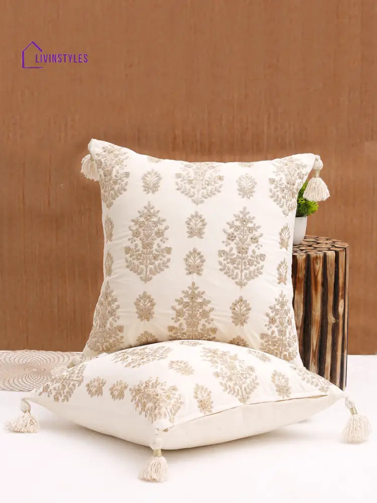 Ivory Color Velvet Hand Work Cushion Cover Set Of 2 (18X18 Inch)