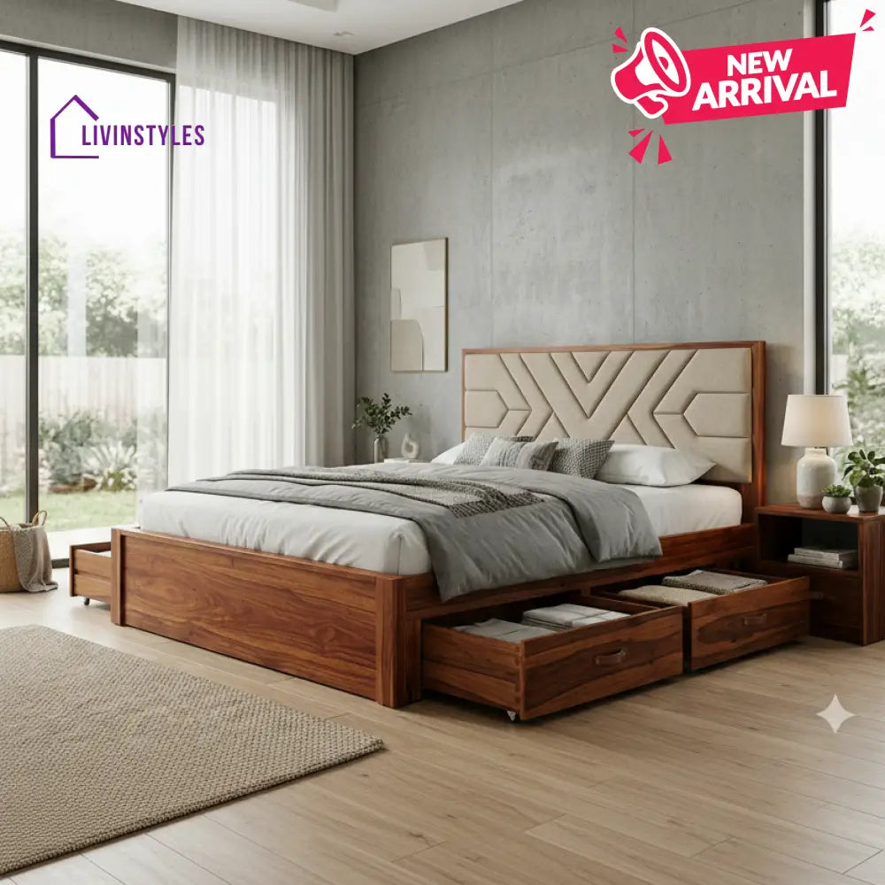 Ivy Premium Sheesham Wood Bed with Fabric Headboard