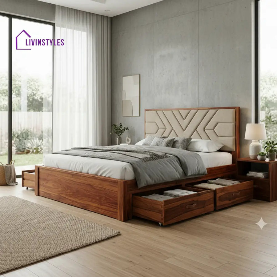 Ivy Premium Sheesham Wood Bed with Fabric Headboard