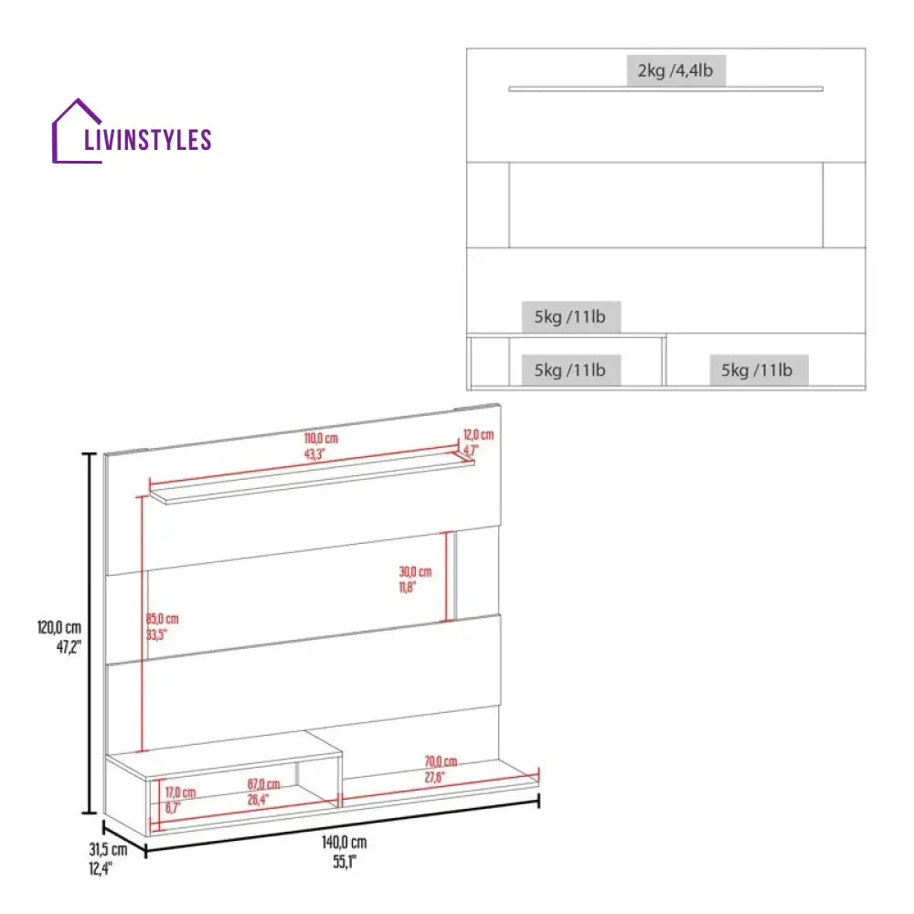 Ivy Wall Mounted White Finish Tv Unit Stand for Living Room