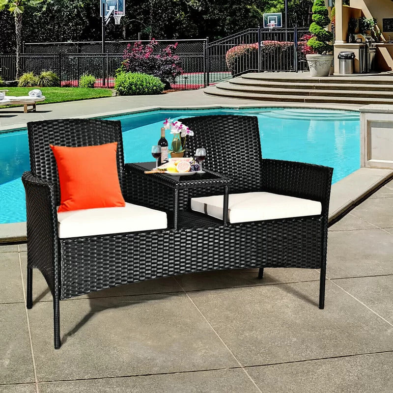 Dreamline Outdoor Furniture Garden Patio Seating Set of 2 Attached Chairs and Table Set Balcony Furniture Coffee Table Set(Black)