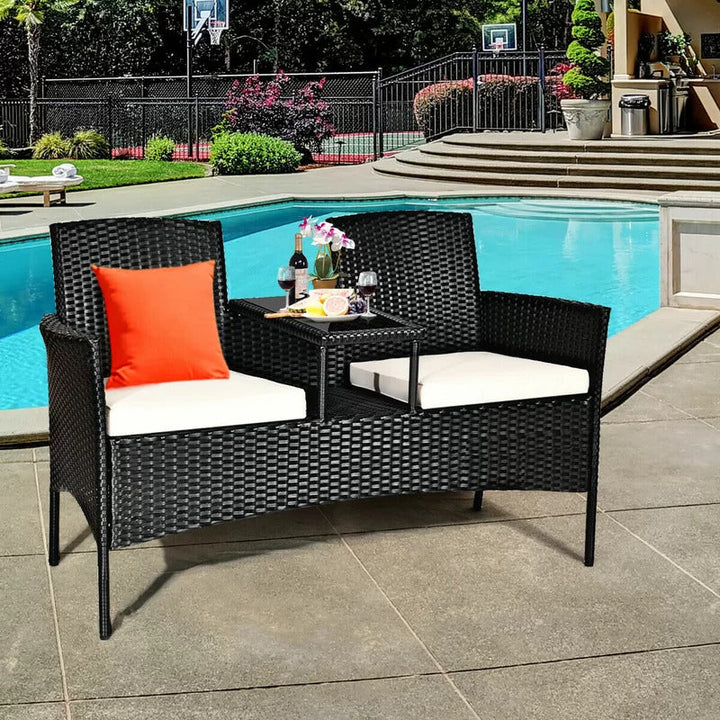 Dreamline Outdoor Furniture Garden Patio Seating Set of 2 Attached Chairs and Table Set Balcony Furniture Coffee Table Set(Black)