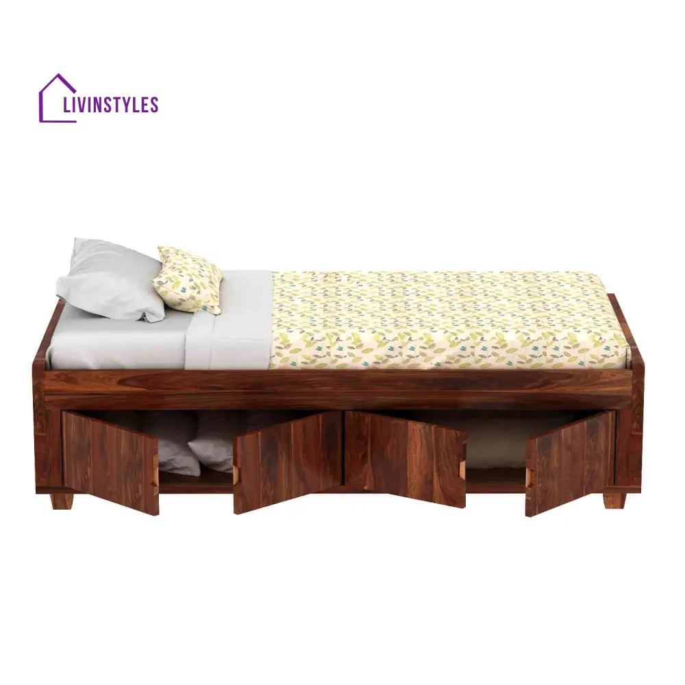 Jacinta Solid Sheesham Wood Single Bed Cum Day Bed With Door Storage (With Mattress Natural Finish) Bed