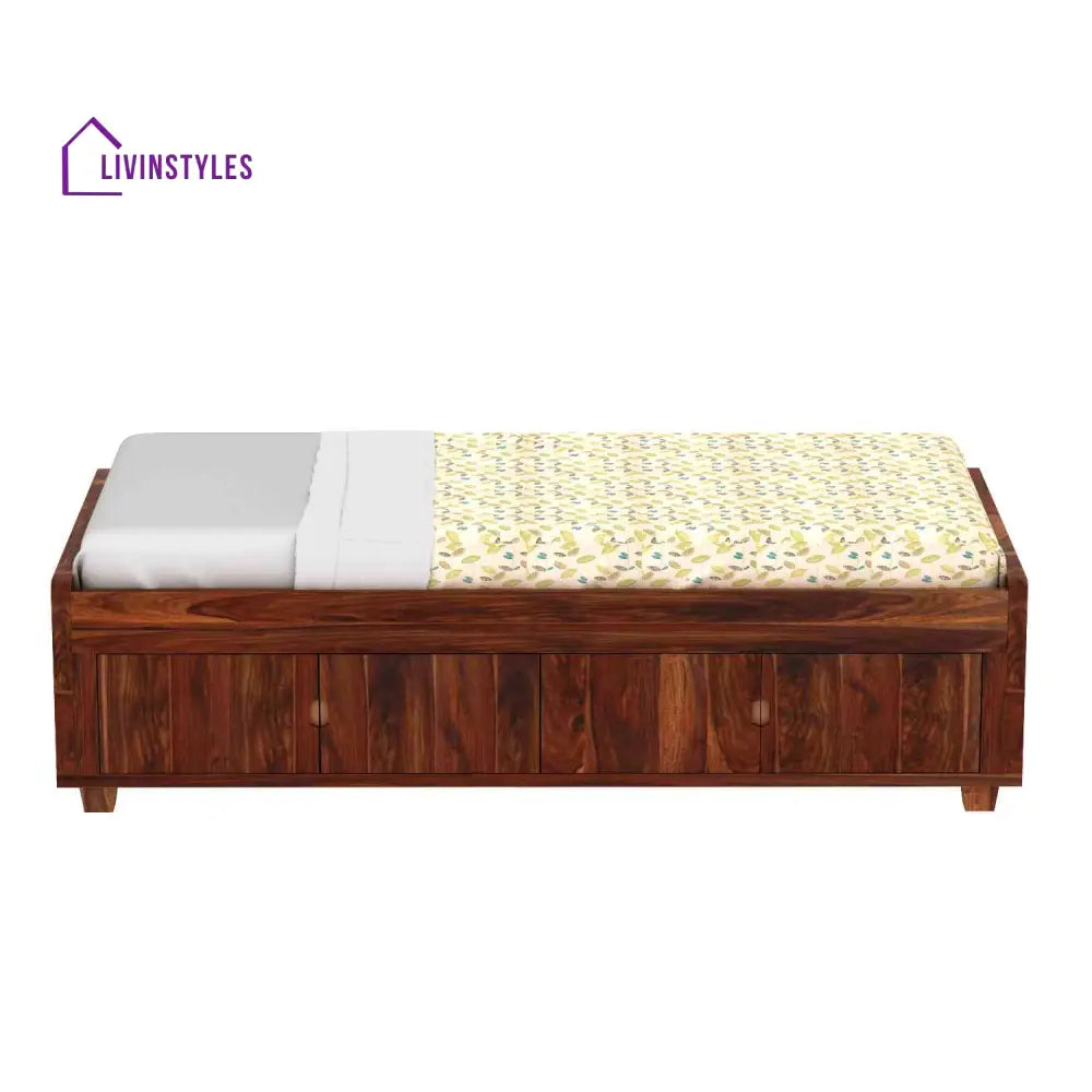 Jacinta Solid Sheesham Wood Single Bed Cum Day Bed With Door Storage (With Mattress Natural Finish) Bed
