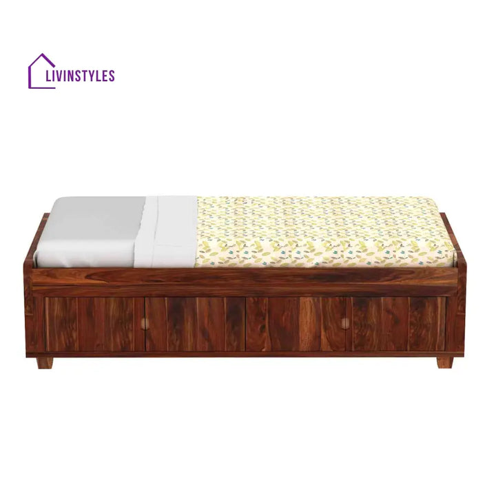 Jacinta Solid Sheesham Wood Single Bed Cum Day Bed With Door Storage (With Mattress Natural Finish) Bed