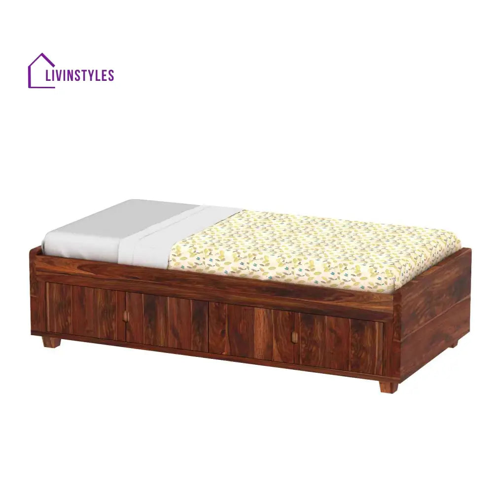 Jacinta Solid Sheesham Wood Single Bed Cum Day Bed With Door Storage (With Mattress Natural Finish) Bed