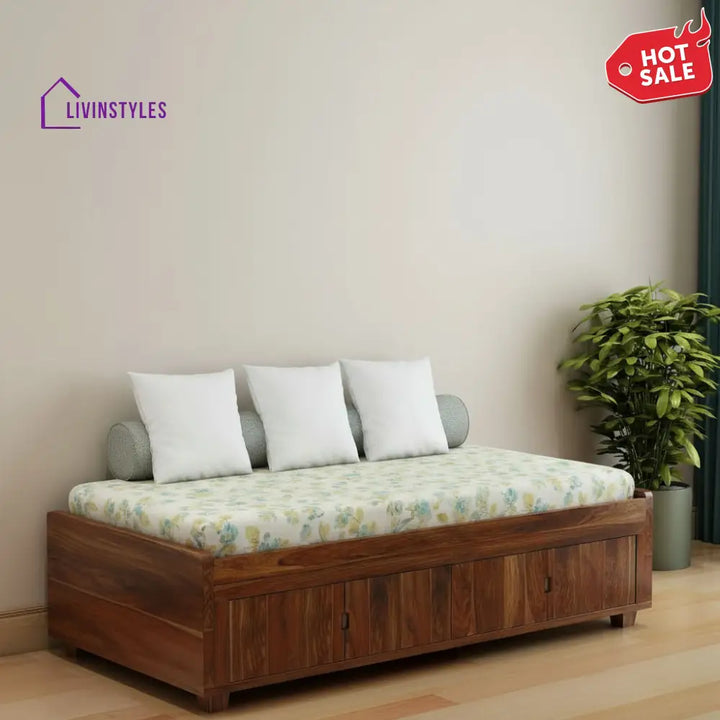 Jacinta Solid Sheesham Wood Single Bed Cum Day Bed With Door Storage (With Mattress Natural Finish) Bed