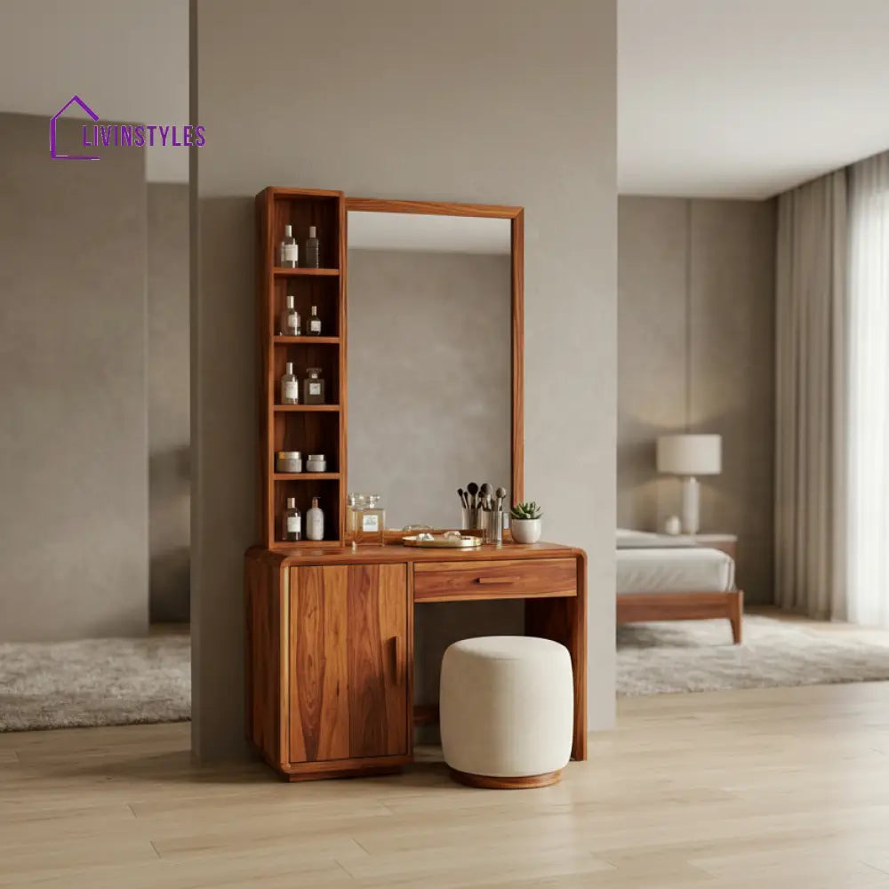 Jack Sheesham Wood Dressing Table with Mirror and Storage (Honey Finish)
