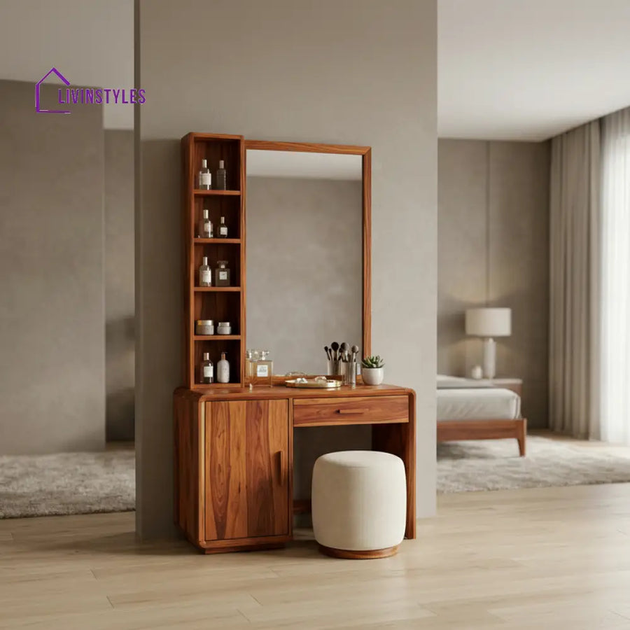 Jack Sheesham Wood Dressing Table with Mirror and Storage (Honey Finish)