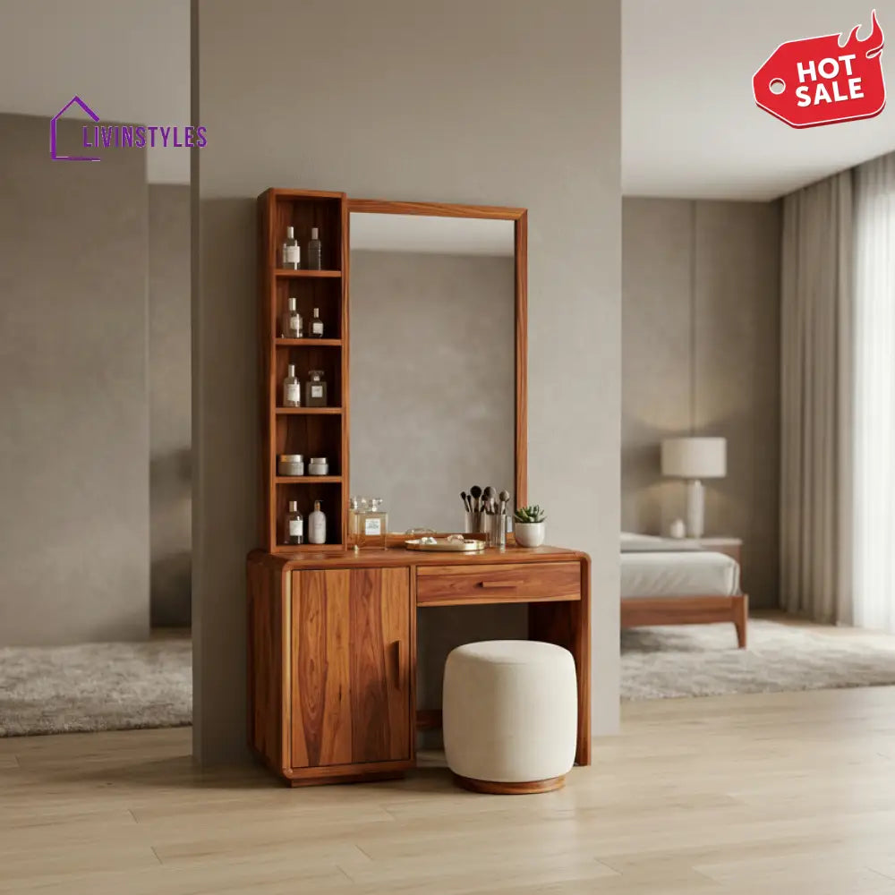 Jack Sheesham Wood Dressing Table with Mirror and Storage (Honey Finish)