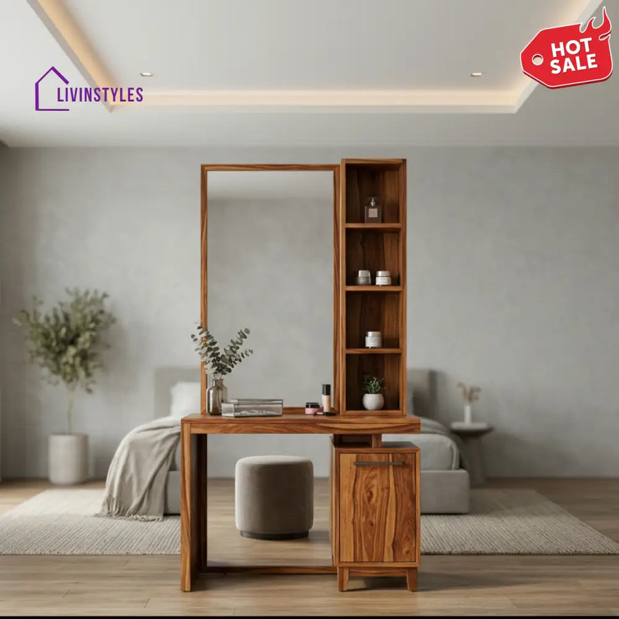 Jacob Sheesham Wood Dressing Table with Mirror and Storage (Honey Finish)
