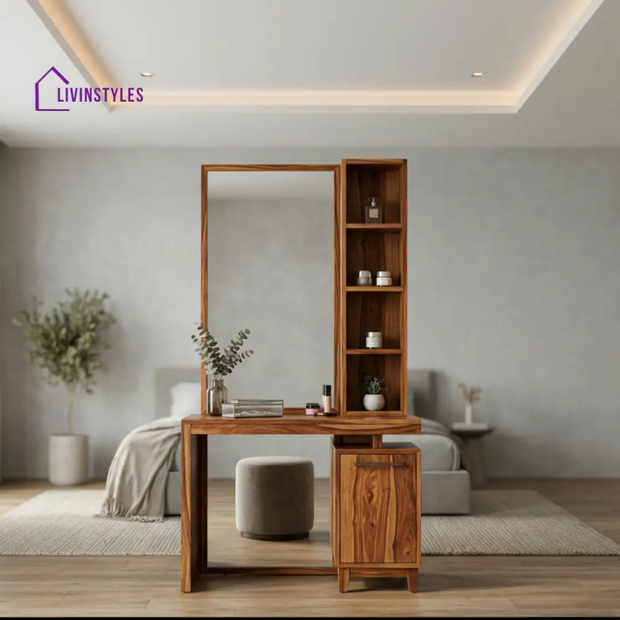 Jacob Sheesham Wood Dressing Table with Mirror and Storage (Honey Finish)