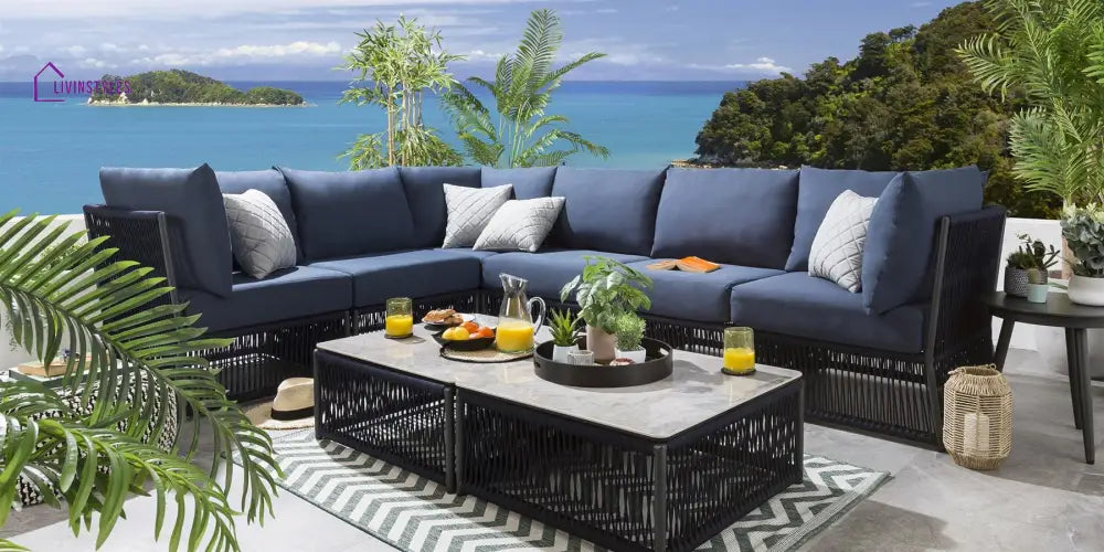 Jacobo Outdoor Sofa Set 6 Seater and 1 Center Table Set (Blue) Braided & Rope - Sofa Sets