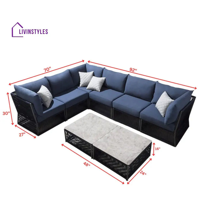 Jacobo Outdoor Sofa Set 6 Seater and 1 Center Table Set (Blue) Braided & Rope - Sofa Sets