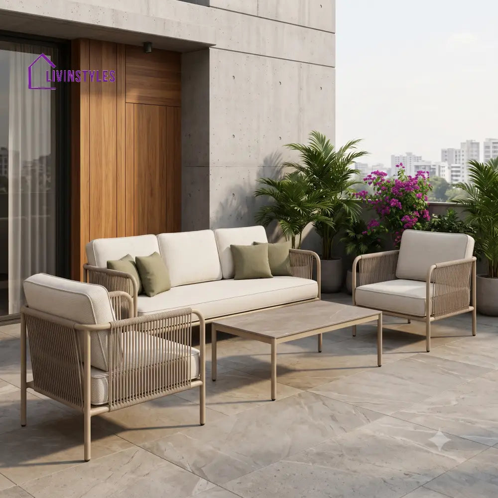 Jacqueline Metal Frame and Rope Weaving Outdoor Sofa Set 3 + 1 +1 and Coffee Table | Premium Uphostery
