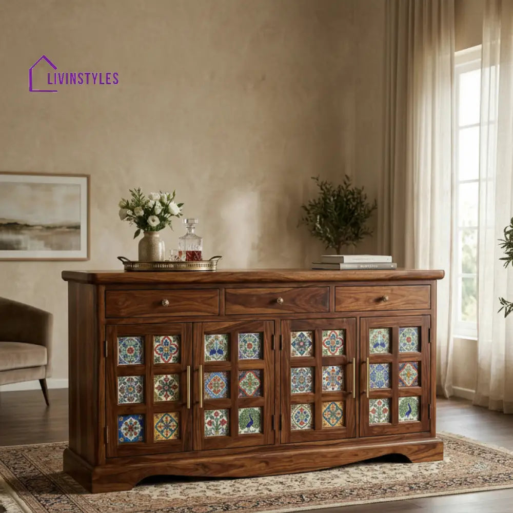 Jade Boho Sheesham Wood Storage Cabinet Sideboard With Three Drawers (Honey Finish)