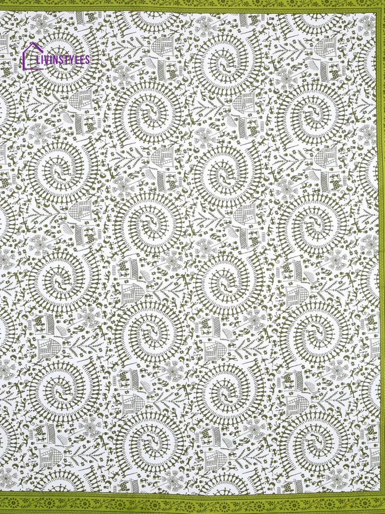 Jaipuri Tradional Print White And Green Double Bedsheet With 2 Pillow Coverss