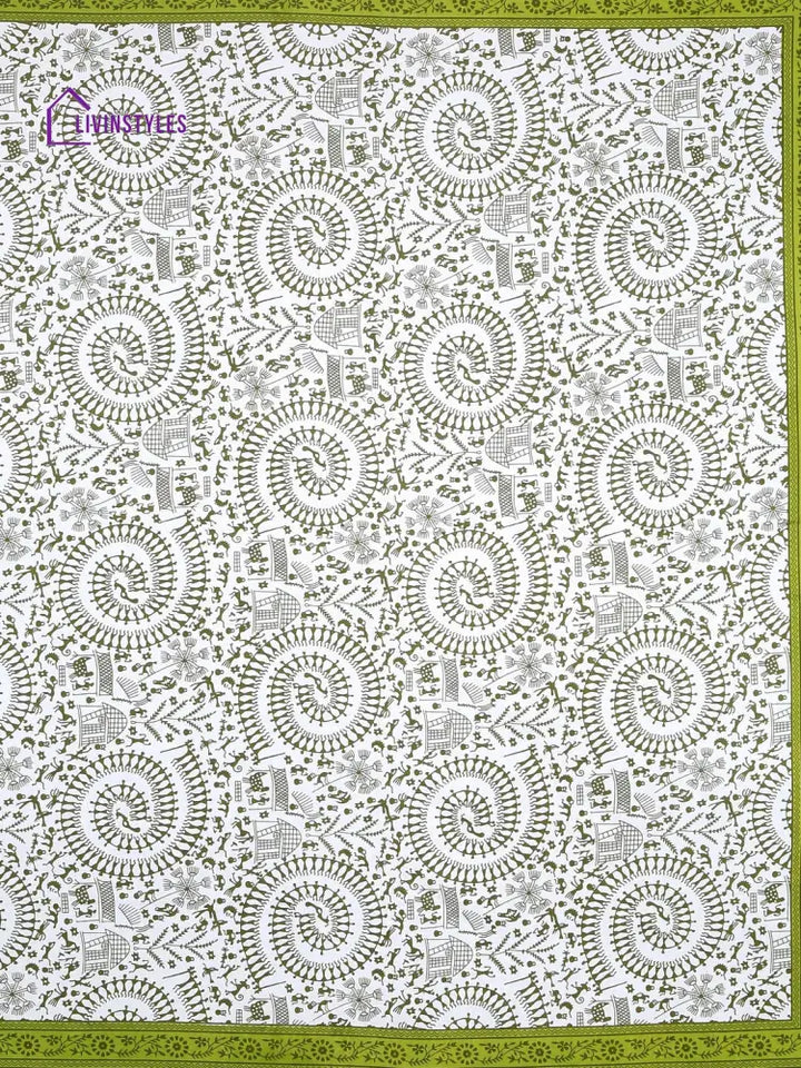 Jaipuri Tradional Print White And Green Double Bedsheet With 2 Pillow Coverss