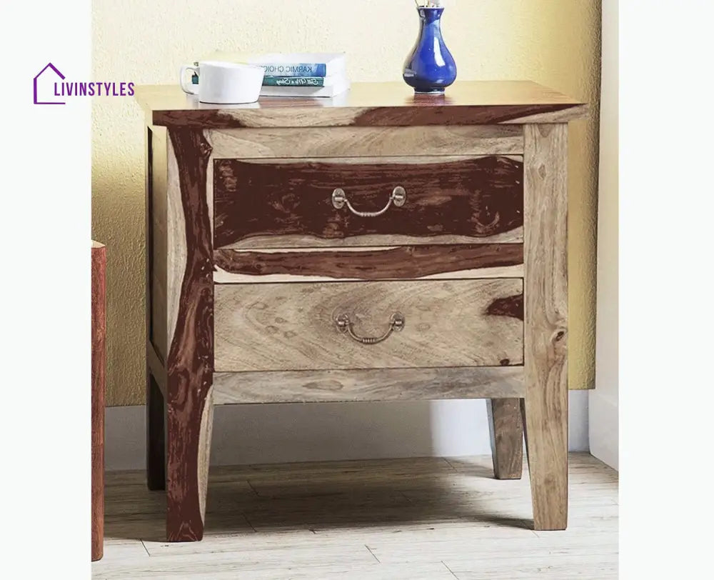 Jalandhar Wooden Two Drawers Bedside Table - Rustic Teak Finish - Bedside Table