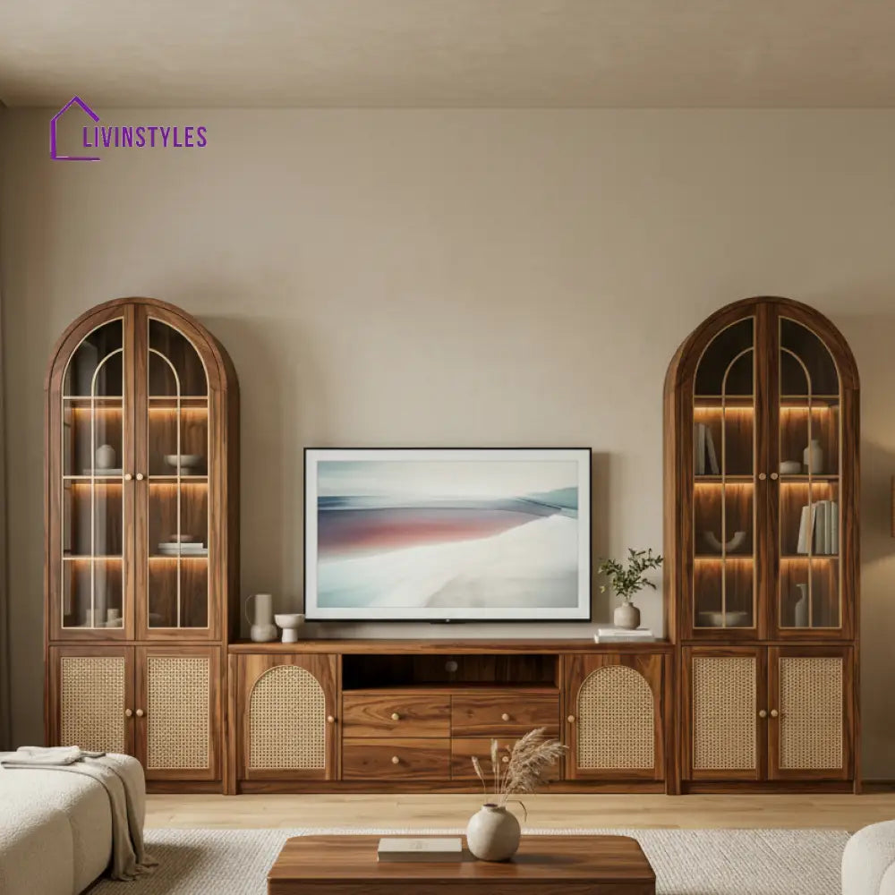 James Premium Solid Wood TV Unit with Cane Panel Cabinet