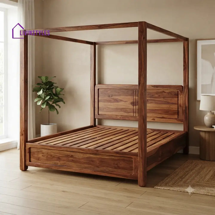 James Solid Sheesham Wood Poster Bed Without Storage (King Size Honey Finish