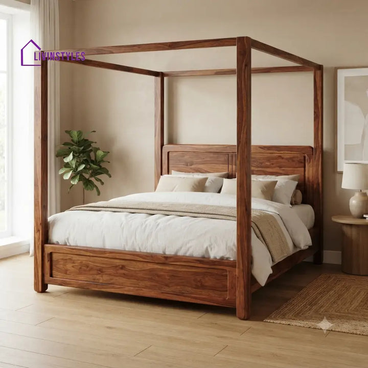 James Solid Sheesham Wood Poster Bed Without Storage (King Size Honey Finish