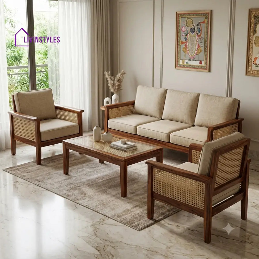 Janaki Wooden Sofa Set | 3 + 1 + 1 Sheesham Wood Sofa Set for Living Room