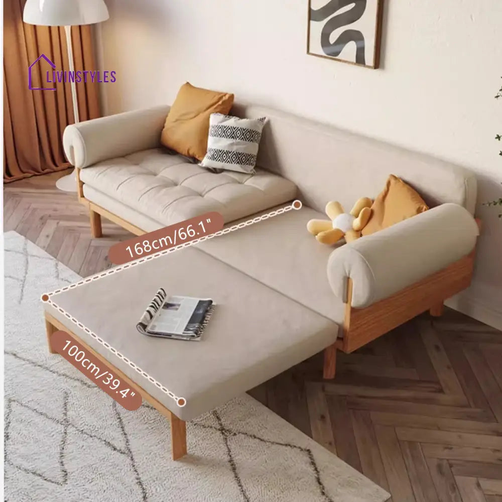 Japandi Solid Wood Recessed Arms Folding Sleeper Sofa Bed SOFA BED