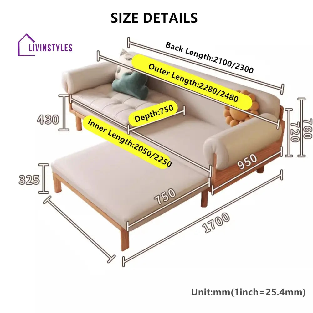 Japandi Solid Wood Recessed Arms Folding Sleeper Sofa Bed 2.3M/91INCH LEATHAIREFABRIC(BEIGE) SOFA BED