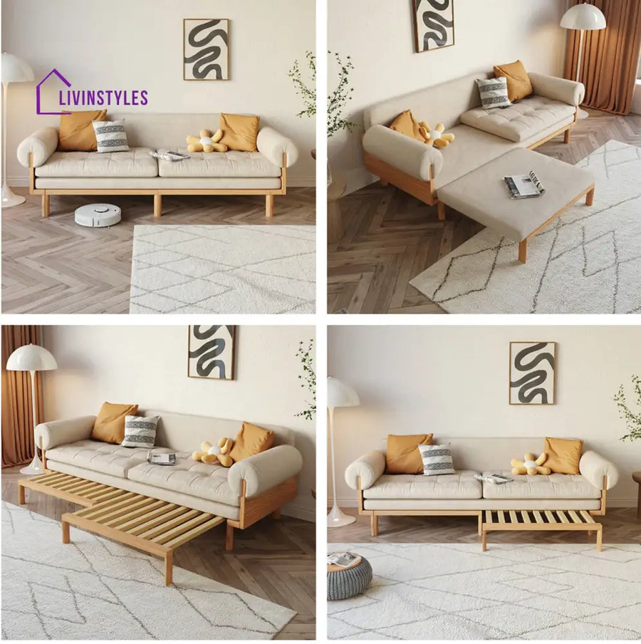Japandi Solid Wood Recessed Arms Folding Sleeper Sofa Bed 2.1M/83INCH LEATHAIREFABRIC(BEIGE) SOFA BED