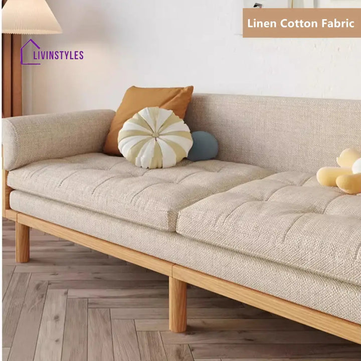 Japandi Solid Wood Recessed Arms Folding Sleeper Sofa Bed 2.1M/83INCH LINEN COTTON FABRIC(KHAKI) SOFA BED