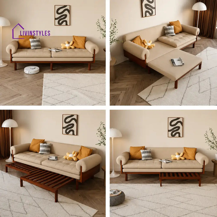 Japandi Solid Wood Recessed Arms Folding Sleeper Sofa Bed - SOFA BED