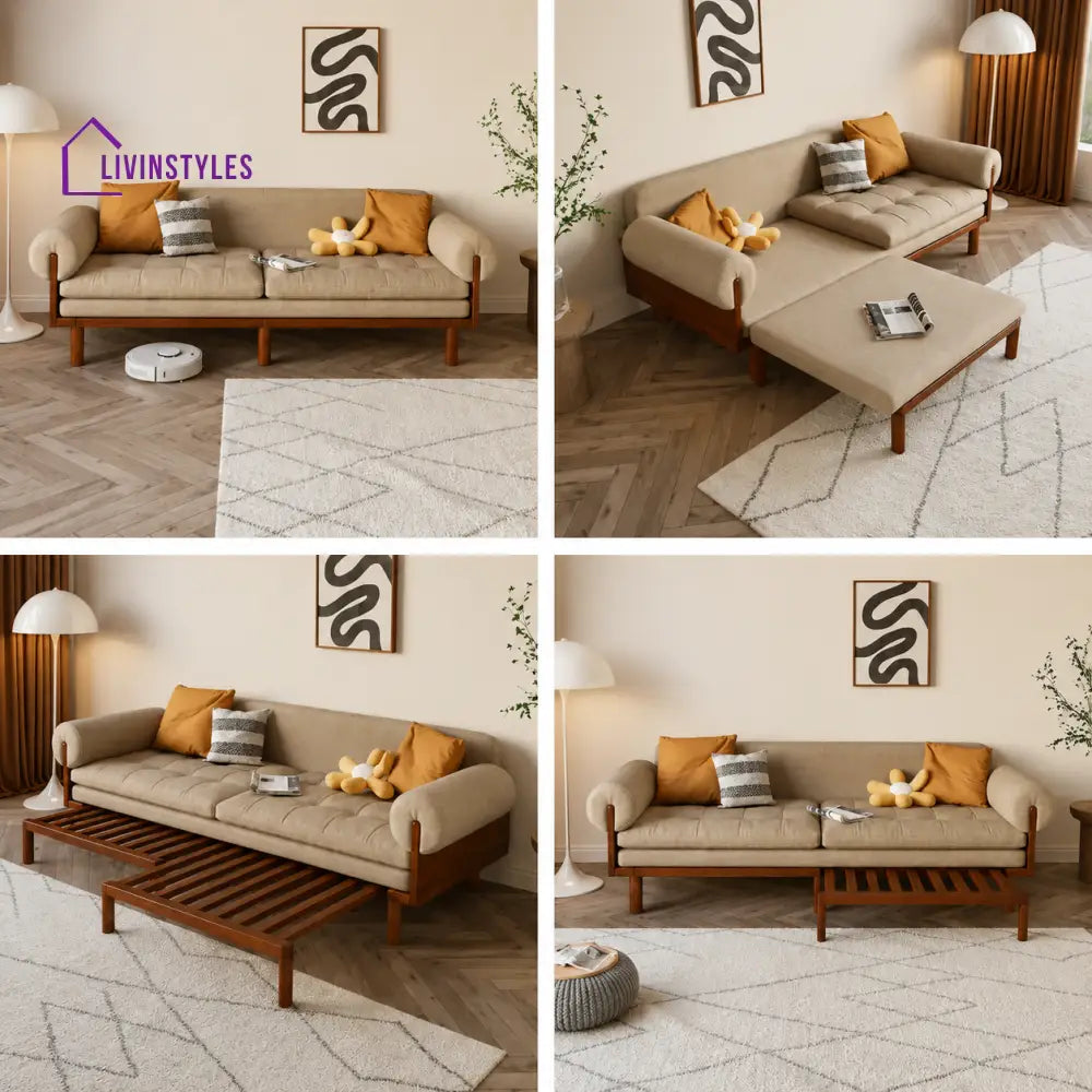 Japandi Solid Wood Recessed Arms Folding Sleeper Sofa Bed - SOFA BED