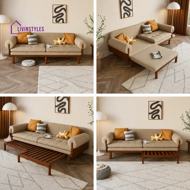Japandi Solid Wood Recessed Arms Folding Sleeper Sofa Bed - SOFA BED