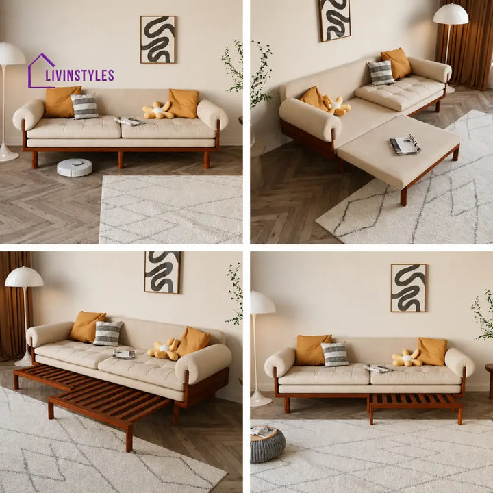 Japandi Solid Wood Recessed Arms Folding Sleeper Sofa Bed - SOFA BED