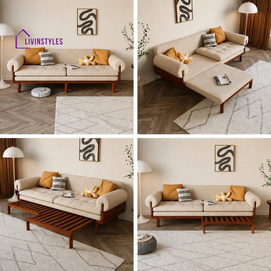 Japandi Solid Wood Recessed Arms Folding Sleeper Sofa Bed - SOFA BED