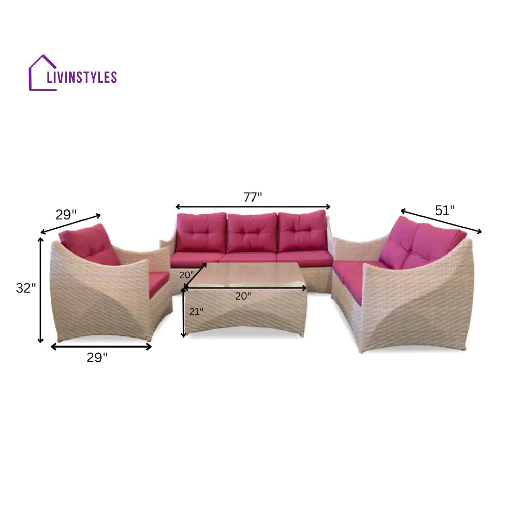 Jasmine Outdoor Garden Balcony Sofa Set 3 Seater| 2 1 Single Seater And Center Table (Cream & Pink)