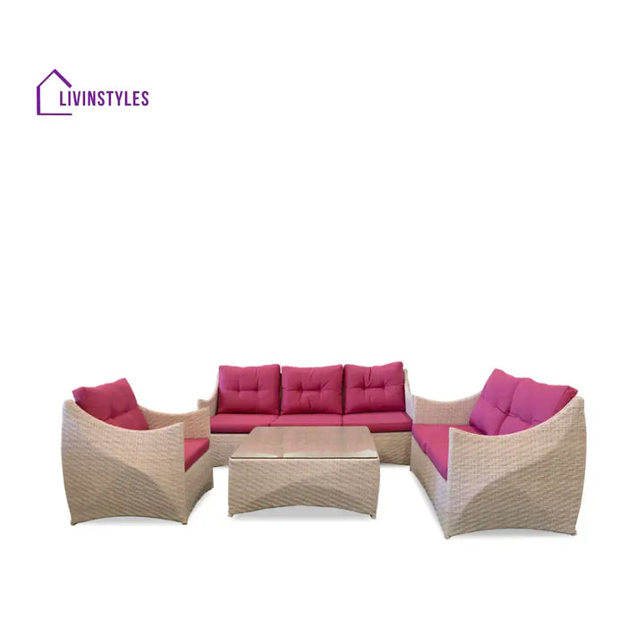 Jasmine Outdoor Garden Balcony Sofa Set 3 Seater| 2 1 Single Seater And Center Table (Cream & Pink)