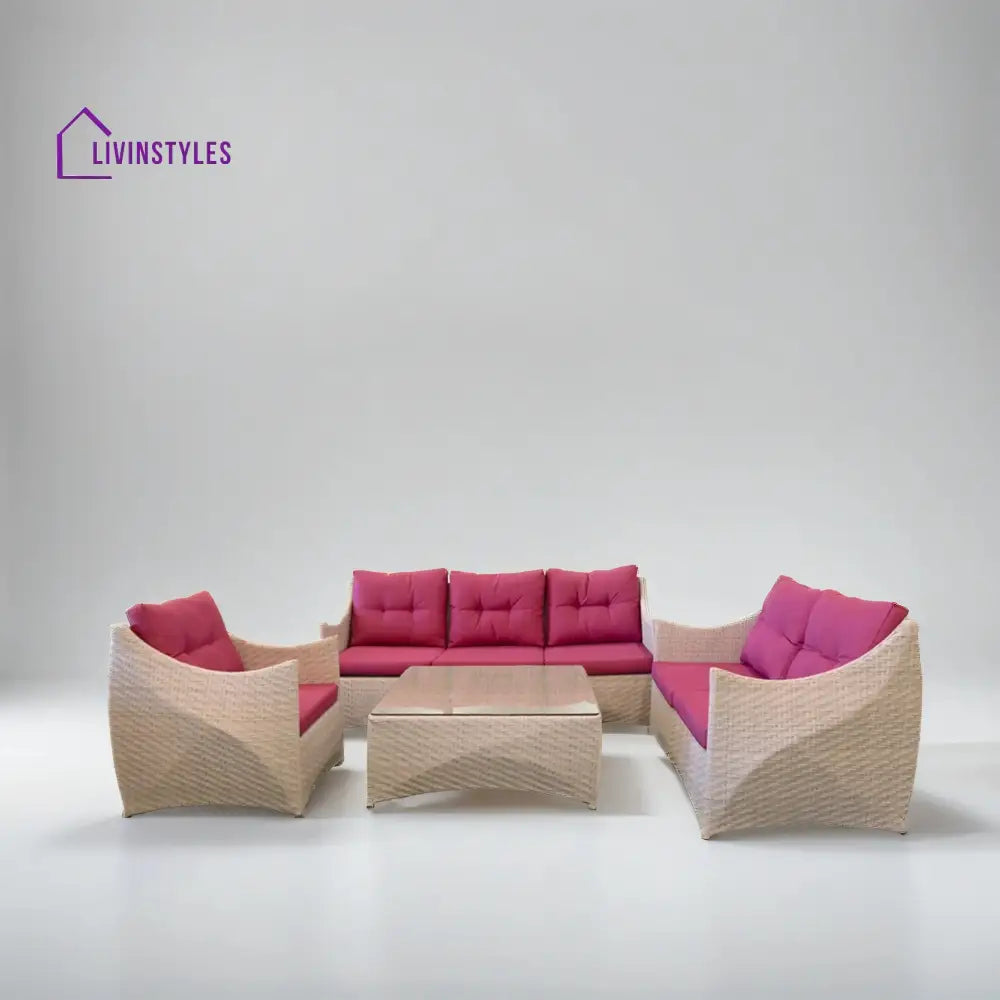 Jasmine Outdoor Garden Balcony Sofa Set 3 Seater| 2 1 Single Seater And Center Table (Cream & Pink)