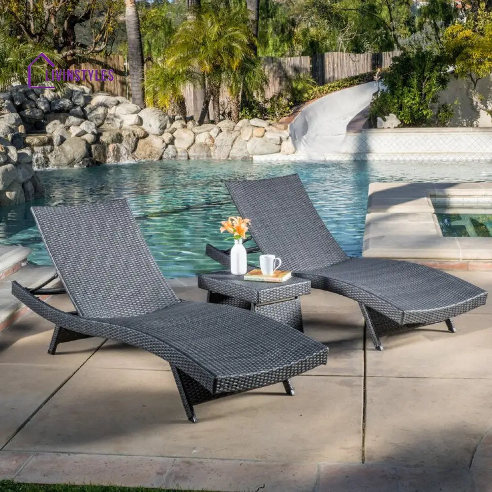Jasmine Outdoor Wicker Chaise Lounge With Table - Set Of 2