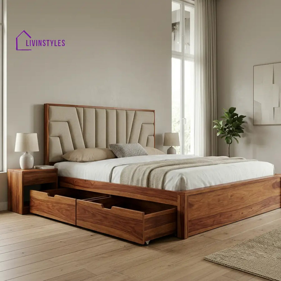 Jasmine Premium Sheesham Wood Bed with Fabric Headboard