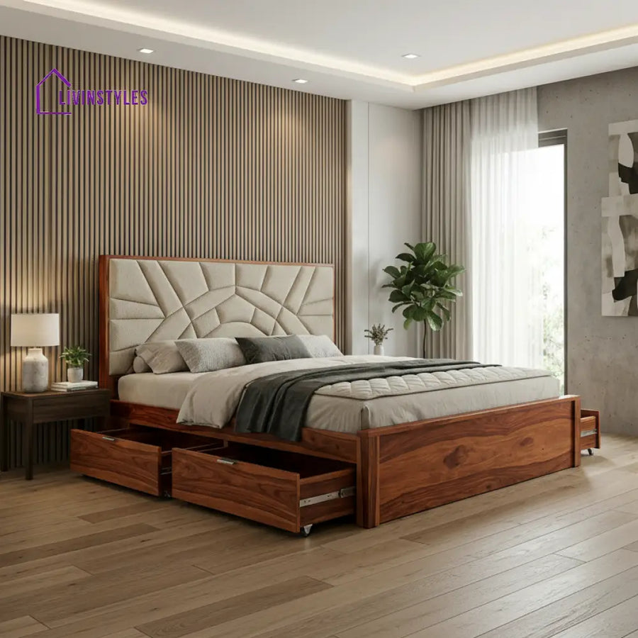 Jasper Premium Sheesham Wood Bed with Fabric Headboard