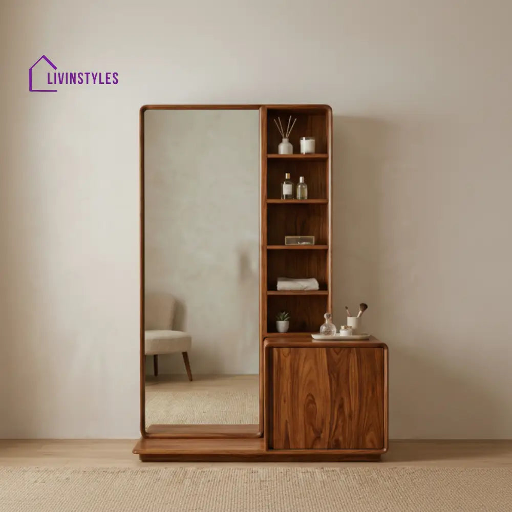 Jasper Sheesham Wood Dressing Table with Mirror and Storage (Honey Finish)