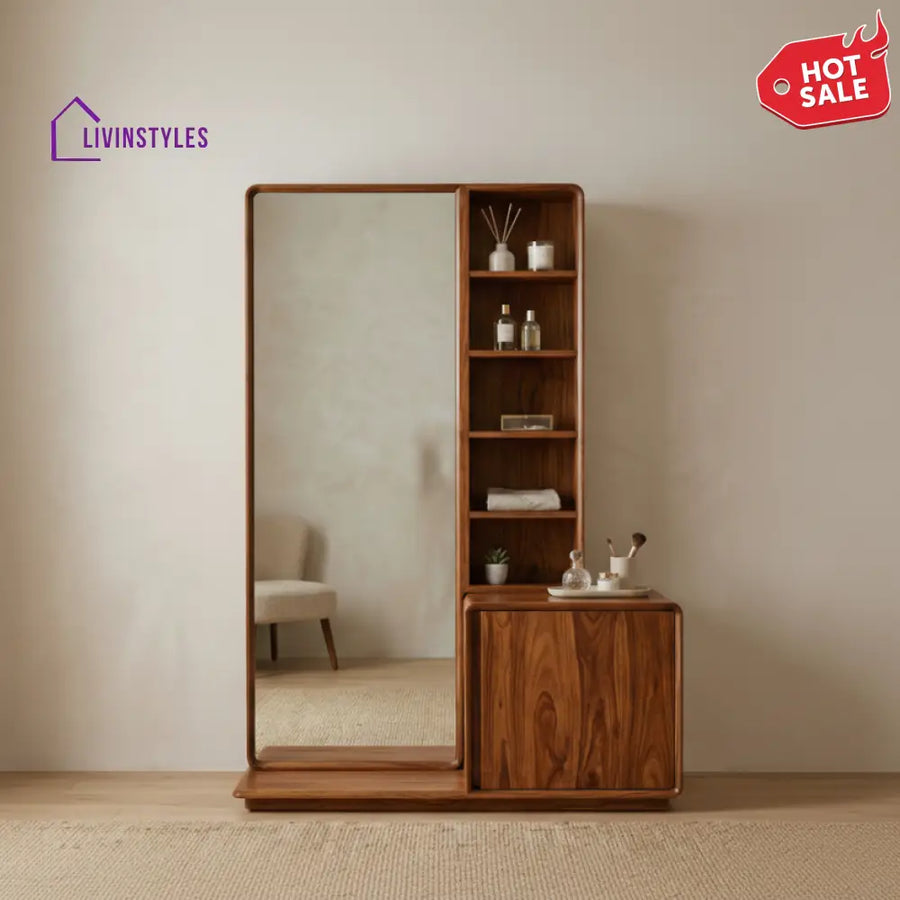 Jasper Sheesham Wood Dressing Table with Mirror and Storage (Honey Finish)