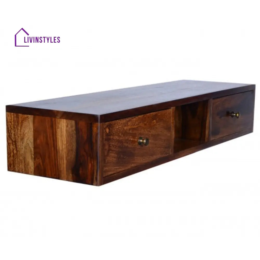 Jatin Wallshelf | tv unit with two drawer in Honey finish